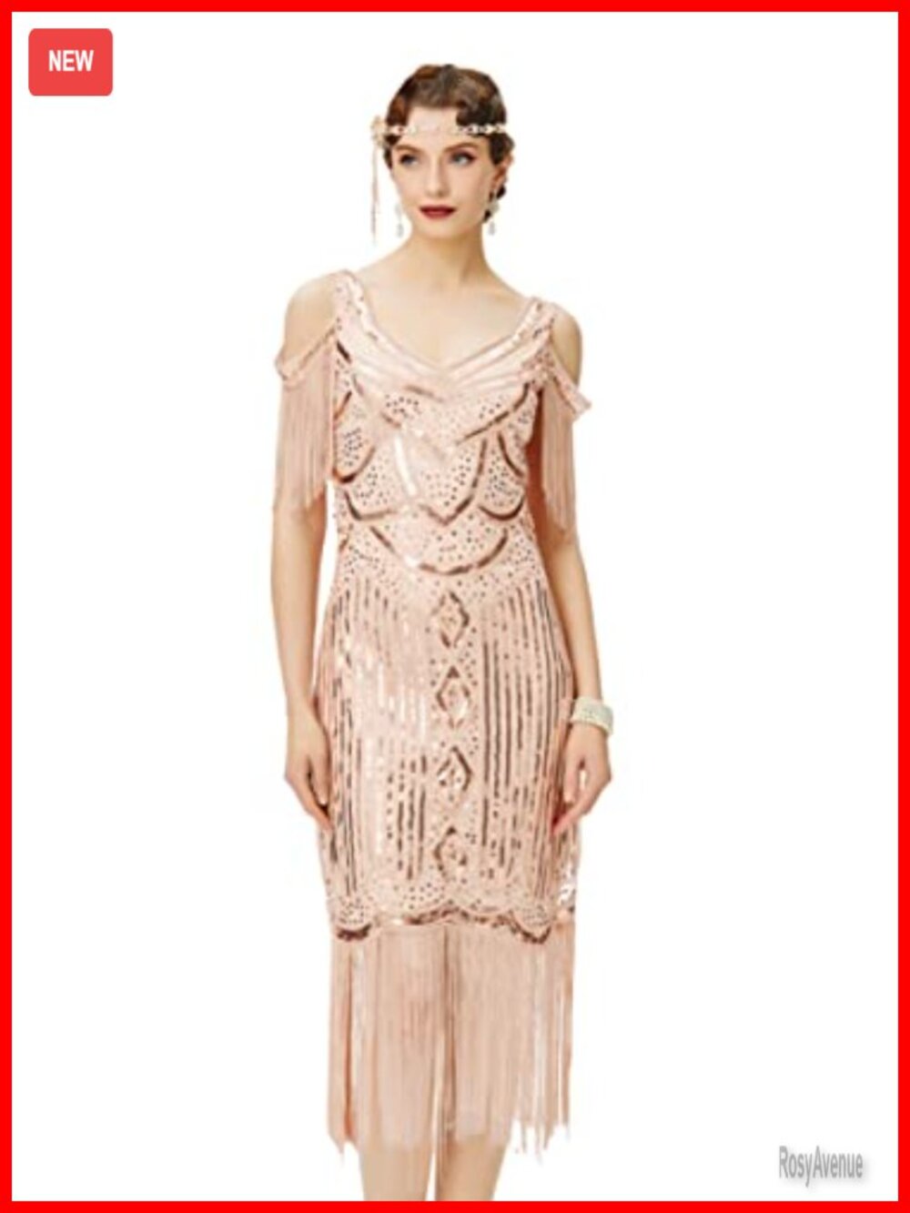 Avenue Blush Pink Fringed Beaded Midi Dress